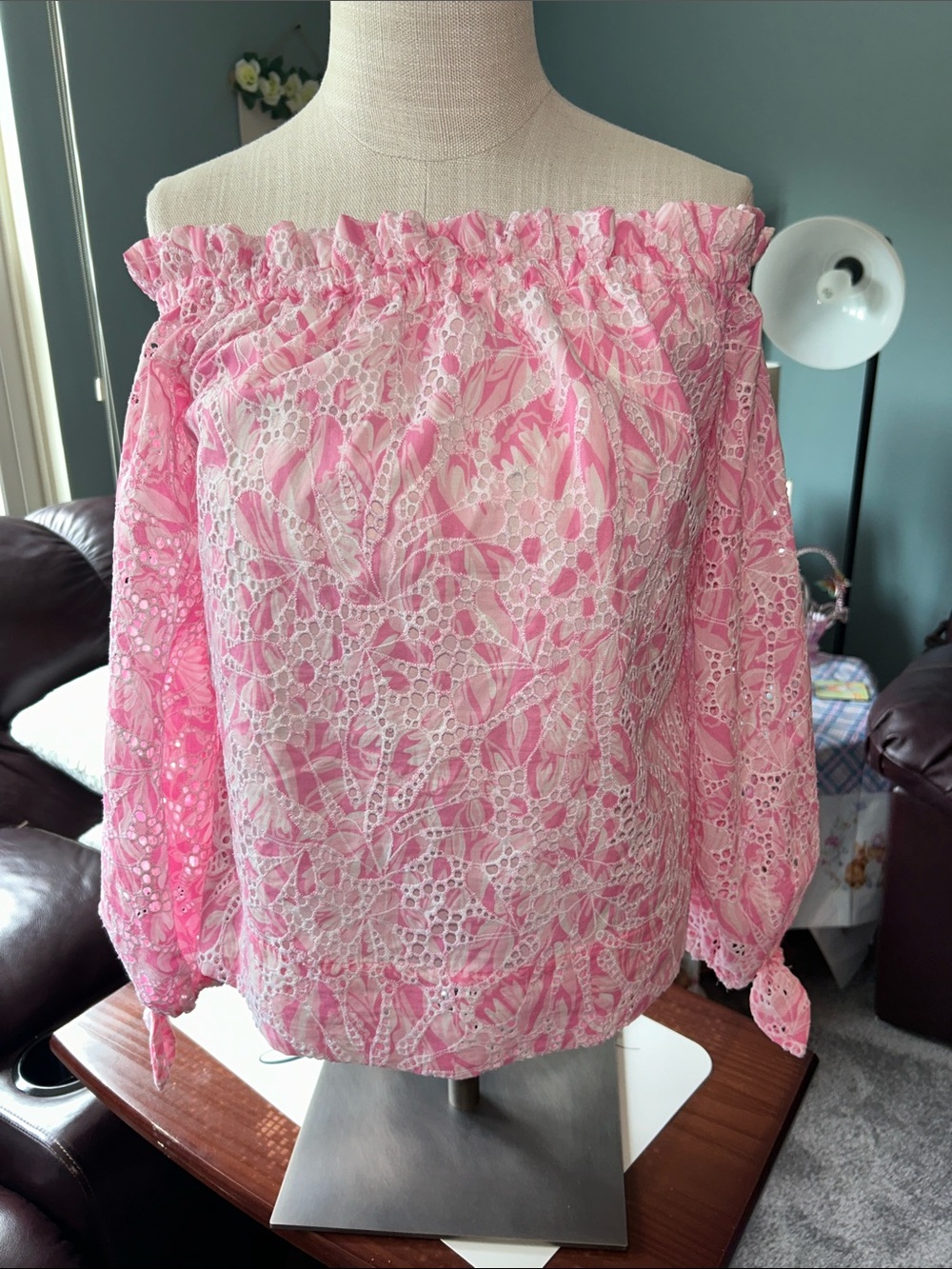 Lilly Pulitzer -Size Small Winifred Pink/white Off-the-Shoulder Lace Blouse